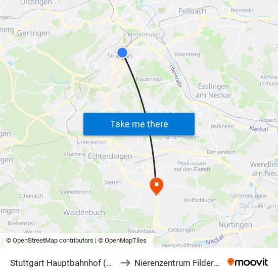 Stuttgart Hauptbahnhof (Oben) to Nierenzentrum Filderstadt map