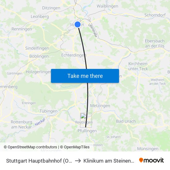 Stuttgart Hauptbahnhof (Oben) to Klinikum am Steinenberg map