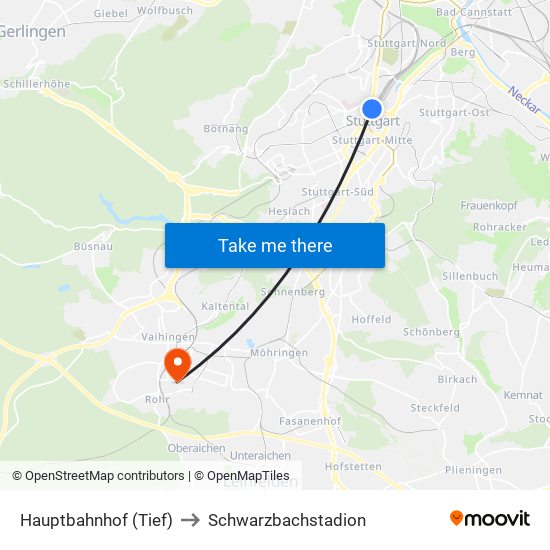 Hauptbahnhof (Tief) to Schwarzbachstadion map