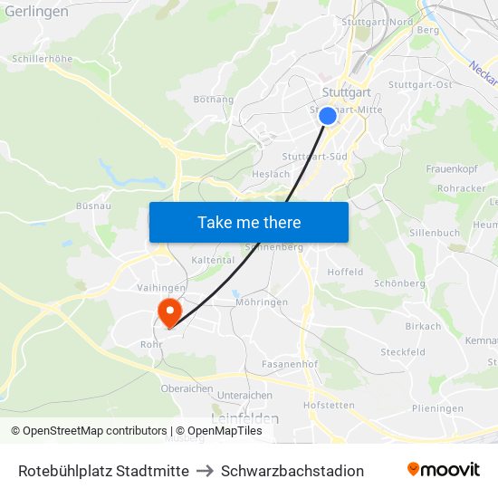 Rotebühlplatz Stadtmitte to Schwarzbachstadion map