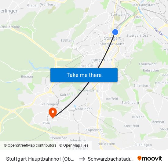 Stuttgart Hauptbahnhof (Oben) to Schwarzbachstadion map