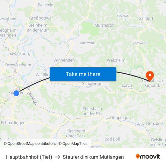 Hauptbahnhof (Tief) to Stauferklinikum Mutlangen map