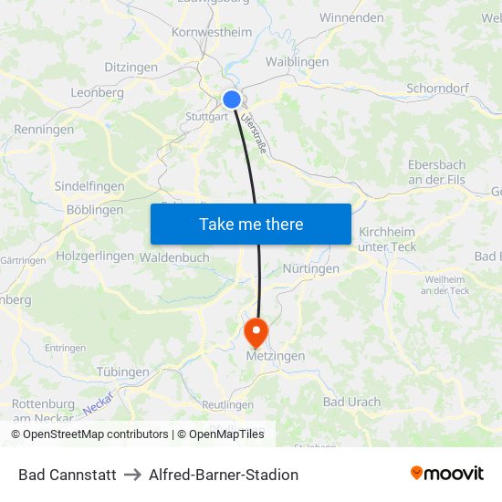 Bad Cannstatt to Alfred-Barner-Stadion map