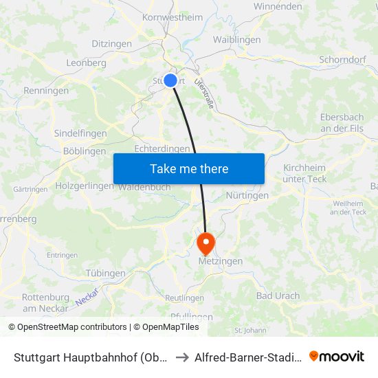 Stuttgart Hauptbahnhof (Oben) to Alfred-Barner-Stadion map
