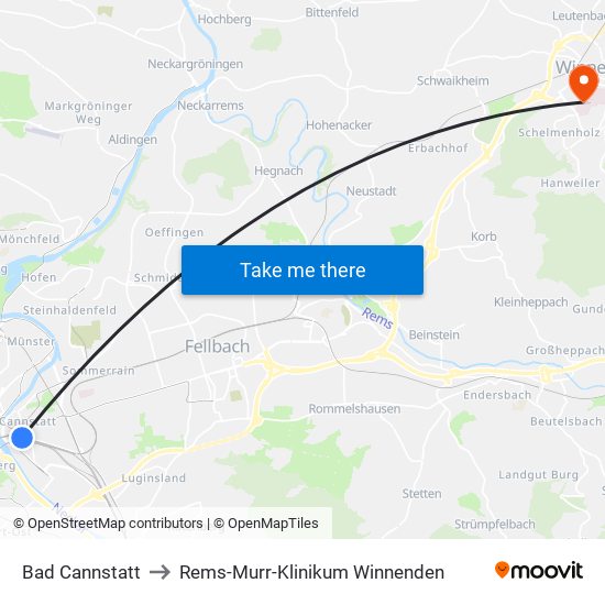 Bad Cannstatt to Rems-Murr-Klinikum Winnenden map