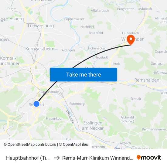 Hauptbahnhof (Tief) to Rems-Murr-Klinikum Winnenden map