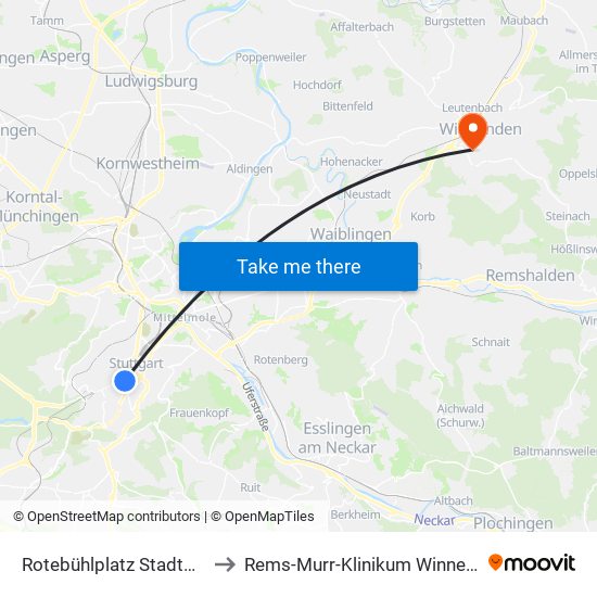 Rotebühlplatz Stadtmitte to Rems-Murr-Klinikum Winnenden map