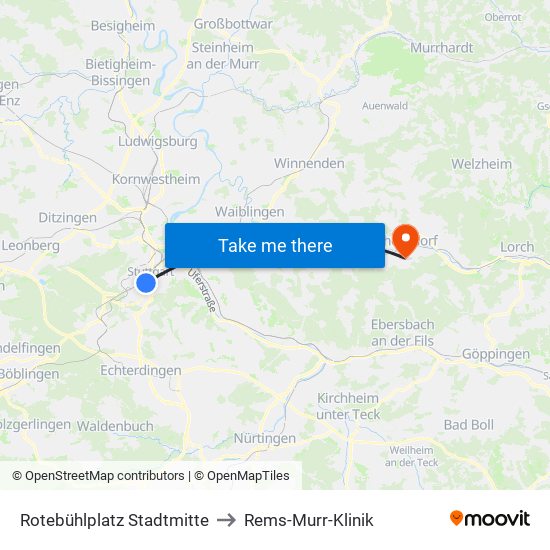 Rotebühlplatz Stadtmitte to Rems-Murr-Klinik map