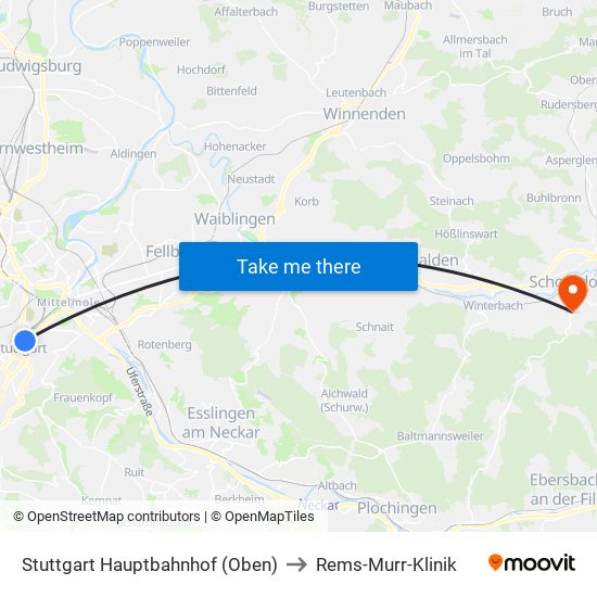 Stuttgart Hauptbahnhof (Oben) to Rems-Murr-Klinik map