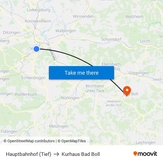 Hauptbahnhof (Tief) to Kurhaus Bad Boll map