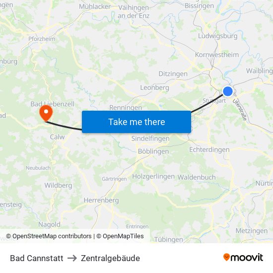 Bad Cannstatt to Zentralgebäude map