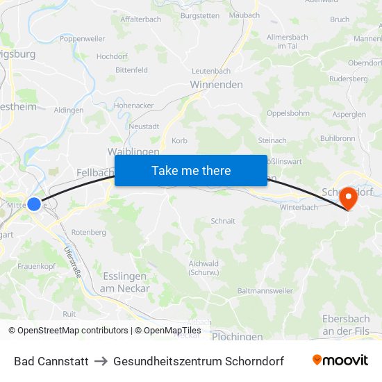 Bad Cannstatt to Gesundheitszentrum Schorndorf map
