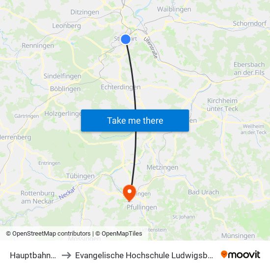 Hauptbahnhof (Tief) to Evangelische Hochschule Ludwigsburg - Campus Reutlingen map