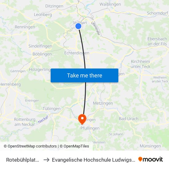 Rotebühlplatz Stadtmitte to Evangelische Hochschule Ludwigsburg - Campus Reutlingen map