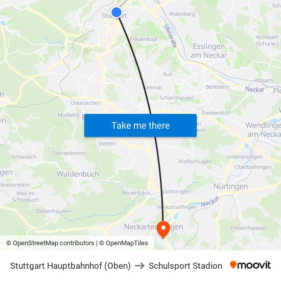 Stuttgart Hauptbahnhof (Oben) to Schulsport Stadion map