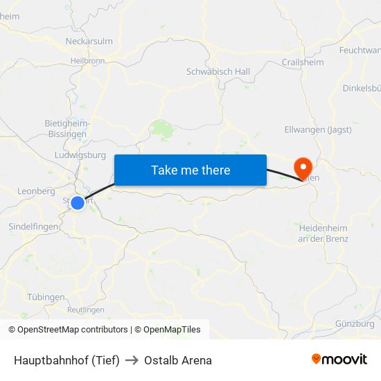 Hauptbahnhof (Tief) to Ostalb Arena map