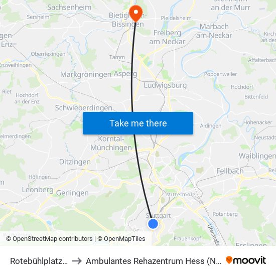 Rotebühlplatz Stadtmitte to Ambulantes Rehazentrum Hess (Neurologie & Orthopädie) map