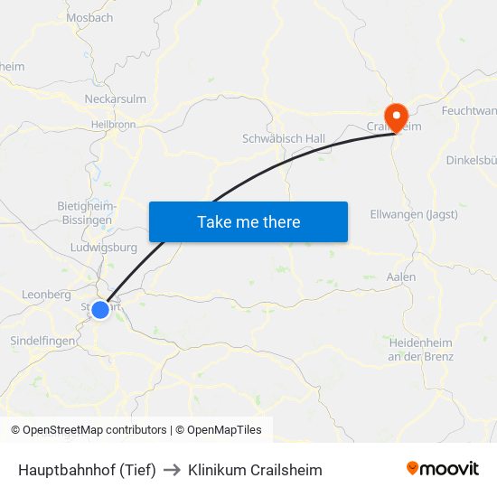 Hauptbahnhof (Tief) to Klinikum Crailsheim map