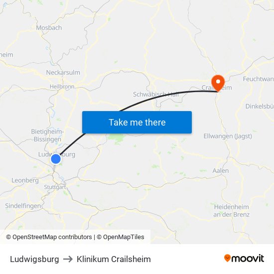 Ludwigsburg to Klinikum Crailsheim map