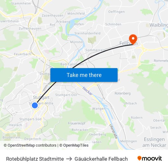 Rotebühlplatz Stadtmitte to Gäuäckerhalle Fellbach map