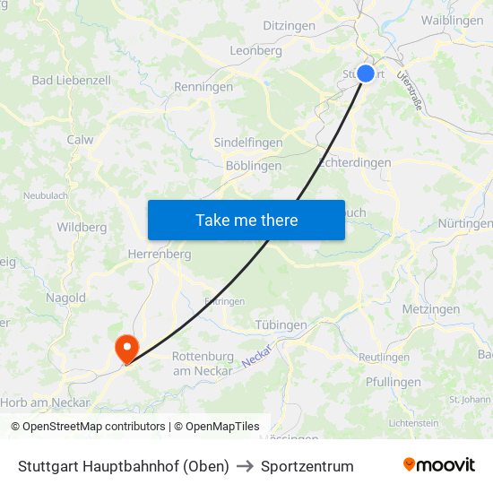 Stuttgart Hauptbahnhof (Oben) to Sportzentrum map