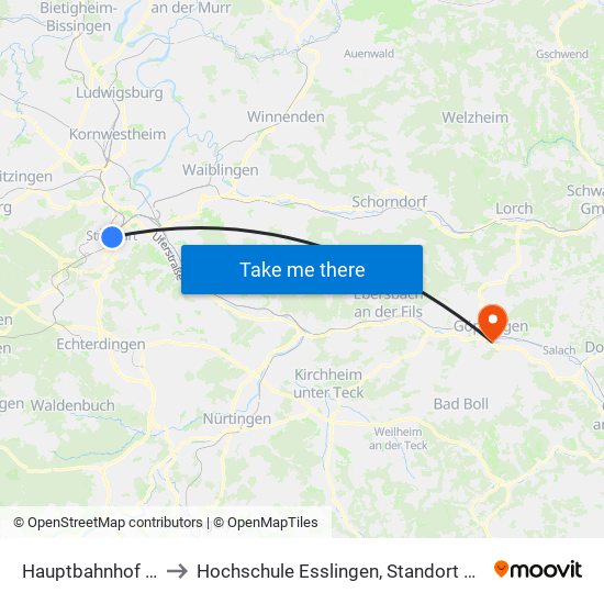 Hauptbahnhof (Tief) to Hochschule Esslingen, Standort Göppingen map