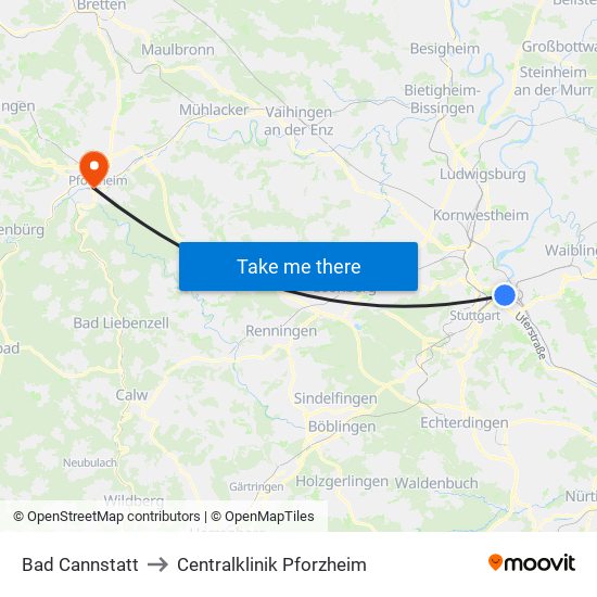 Bad Cannstatt to Centralklinik Pforzheim map