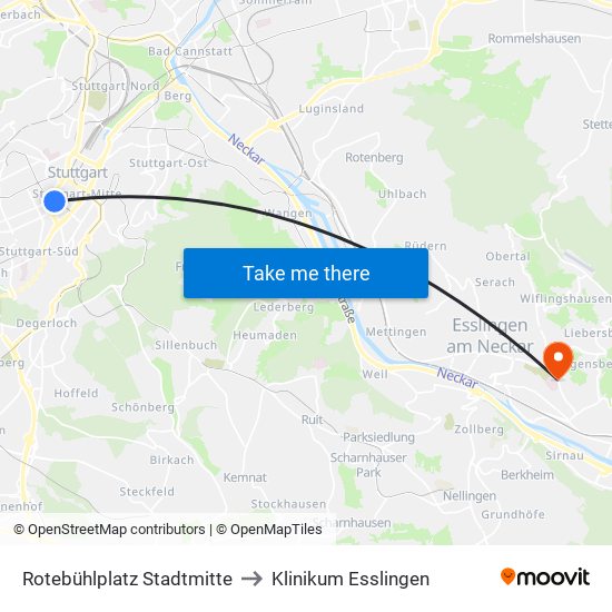 Rotebühlplatz Stadtmitte to Klinikum Esslingen map