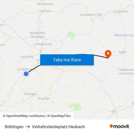 Böblingen to Verkehrslandeplatz Heubach map