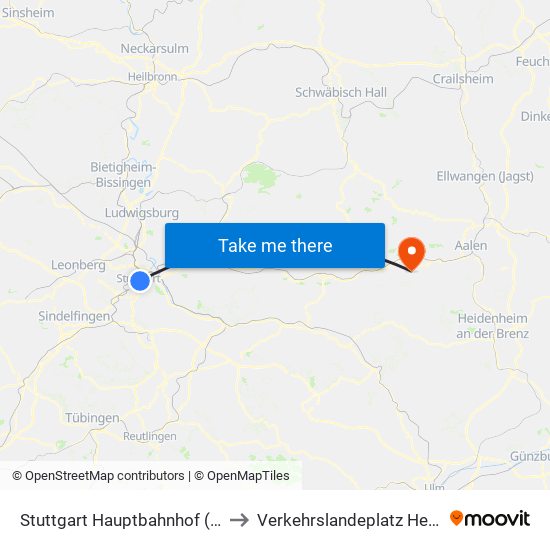 Stuttgart Hauptbahnhof (Oben) to Verkehrslandeplatz Heubach map