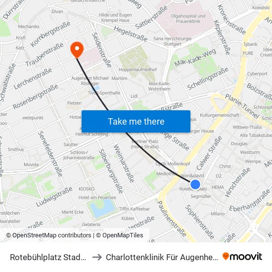 Rotebühlplatz Stadtmitte to Charlottenklinik Für Augenheilkunde map