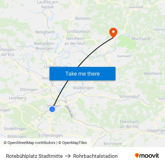 Rotebühlplatz Stadtmitte to Rohrbachtalstadion map