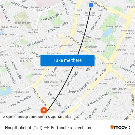 Hauptbahnhof (Tief) to Furtbachkrankenhaus map