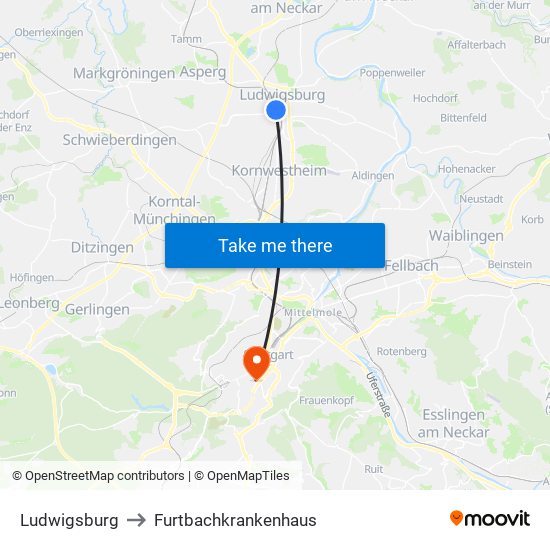 Ludwigsburg to Furtbachkrankenhaus map