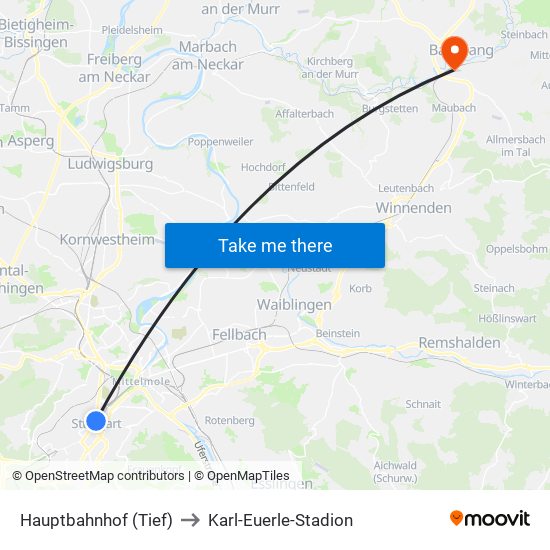 Hauptbahnhof (Tief) to Karl-Euerle-Stadion map