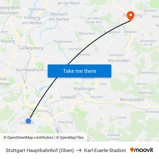 Stuttgart Hauptbahnhof (Oben) to Karl-Euerle-Stadion map