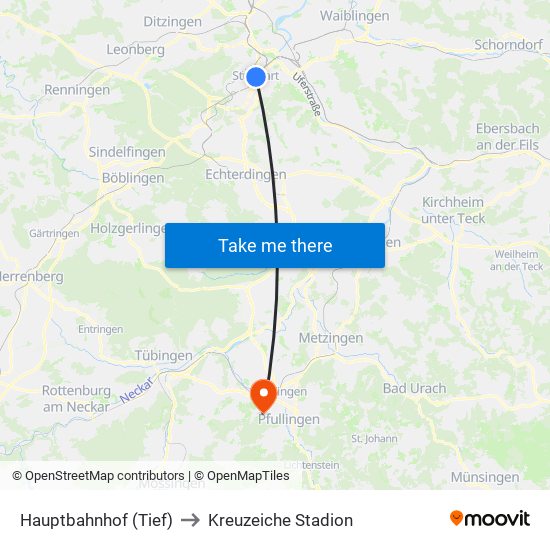 Hauptbahnhof (Tief) to Kreuzeiche Stadion map
