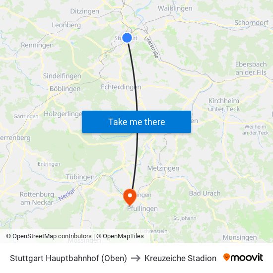 Stuttgart Hauptbahnhof (Oben) to Kreuzeiche Stadion map