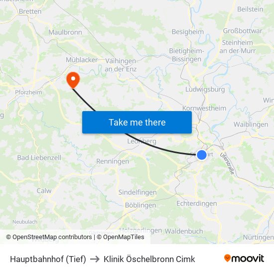 Hauptbahnhof (Tief) to Klinik Öschelbronn Cimk map