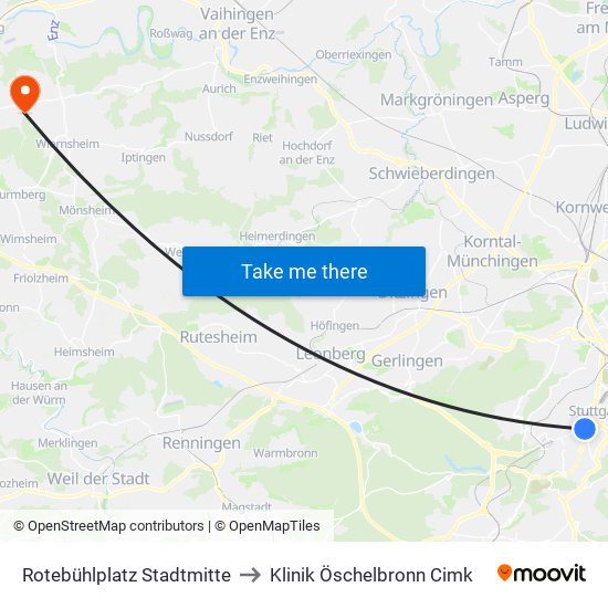 Rotebühlplatz Stadtmitte to Klinik Öschelbronn Cimk map