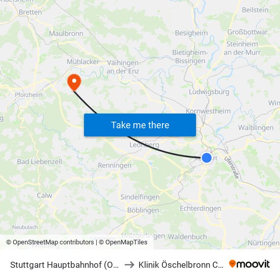 Stuttgart Hauptbahnhof (Oben) to Klinik Öschelbronn Cimk map