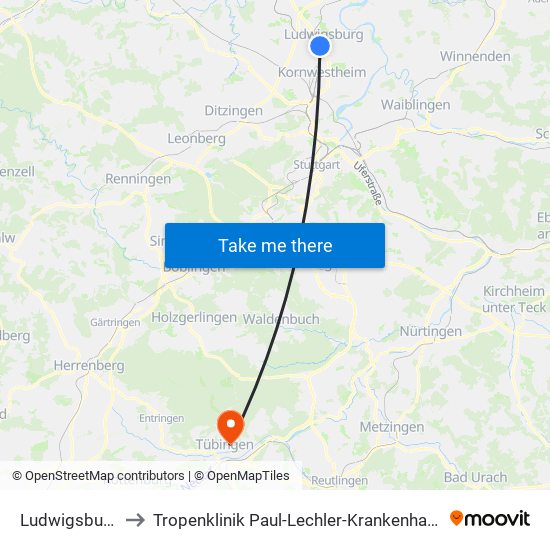 Ludwigsburg to Tropenklinik Paul-Lechler-Krankenhaus map