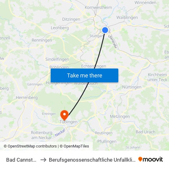 Bad Cannstatt to Berufsgenossenschaftliche Unfallklinik map