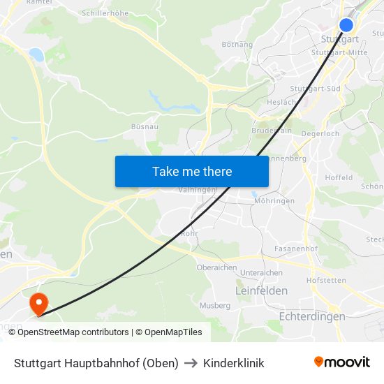 Stuttgart Hauptbahnhof (Oben) to Kinderklinik map