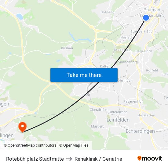 Rotebühlplatz Stadtmitte to Rehaklinik / Geriatrie map