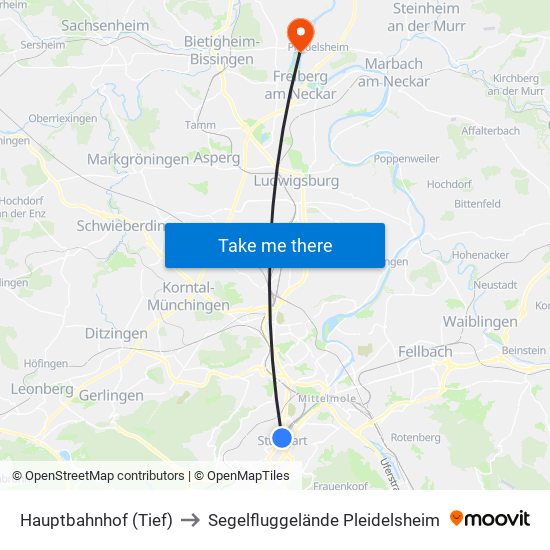 Hauptbahnhof (Tief) to Segelfluggelände Pleidelsheim map