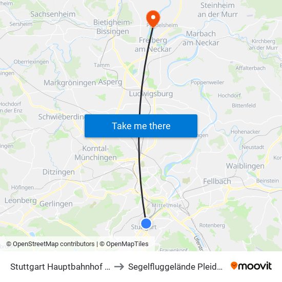 Stuttgart Hauptbahnhof (Oben) to Segelfluggelände Pleidelsheim map