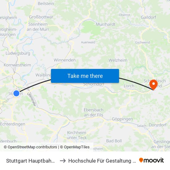 Stuttgart Hauptbahnhof (Oben) to Hochschule Für Gestaltung - Haus Goethe map