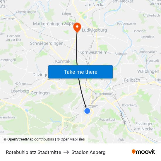 Rotebühlplatz Stadtmitte to Stadion Asperg map