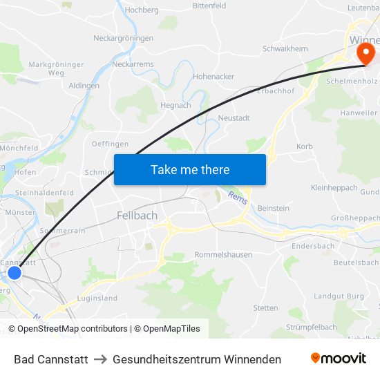 Bad Cannstatt to Gesundheitszentrum Winnenden map